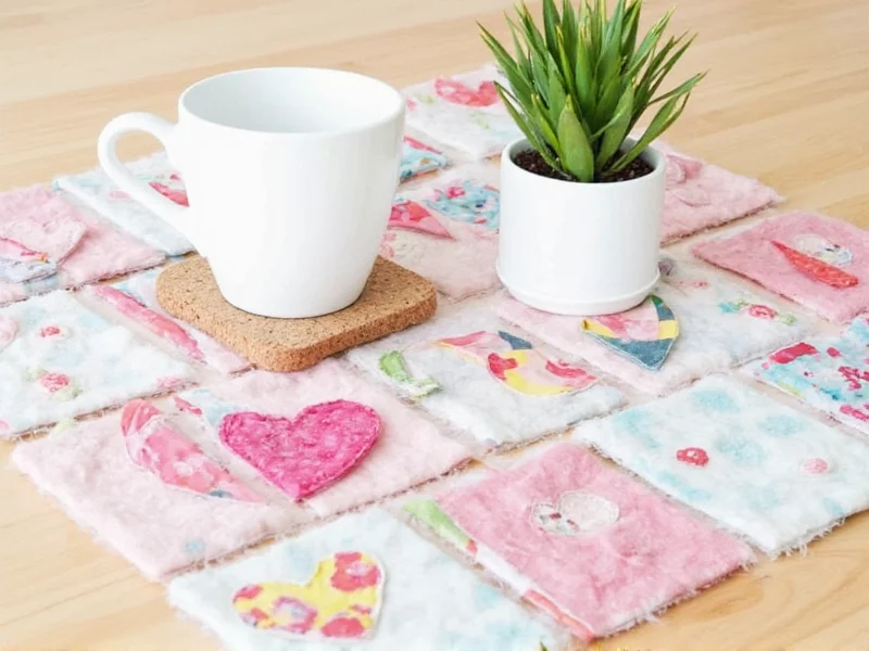 DIY fabric scrap coasters with heart patterns on cork base