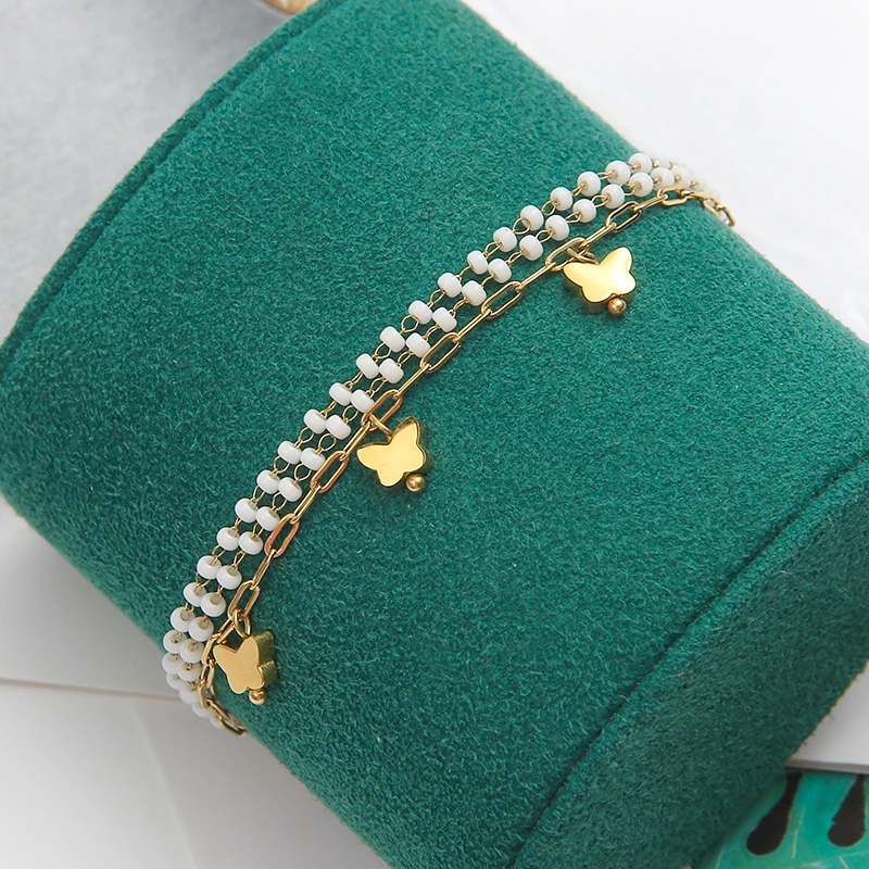 

Factory Handmade Womens Gold Bracelets Adjustable White Beads Butterfly Bracelet Gold Plated Accessories