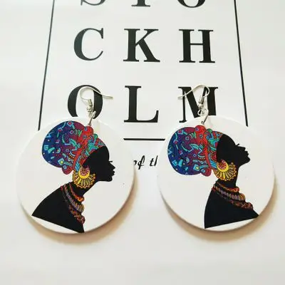 

New Arrival 60mm Circle African Girl Wooden Painted Hook Earrings Round Tribal Painting Wooden Drop EarringS for Jewelry Gift, Picture shows/custom color