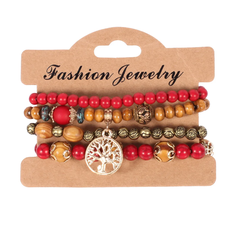 

New Arrival Bracelet Set Handmade Delicate Multi Layer Wood Bead Tree of Life Pendant Bracelet Set