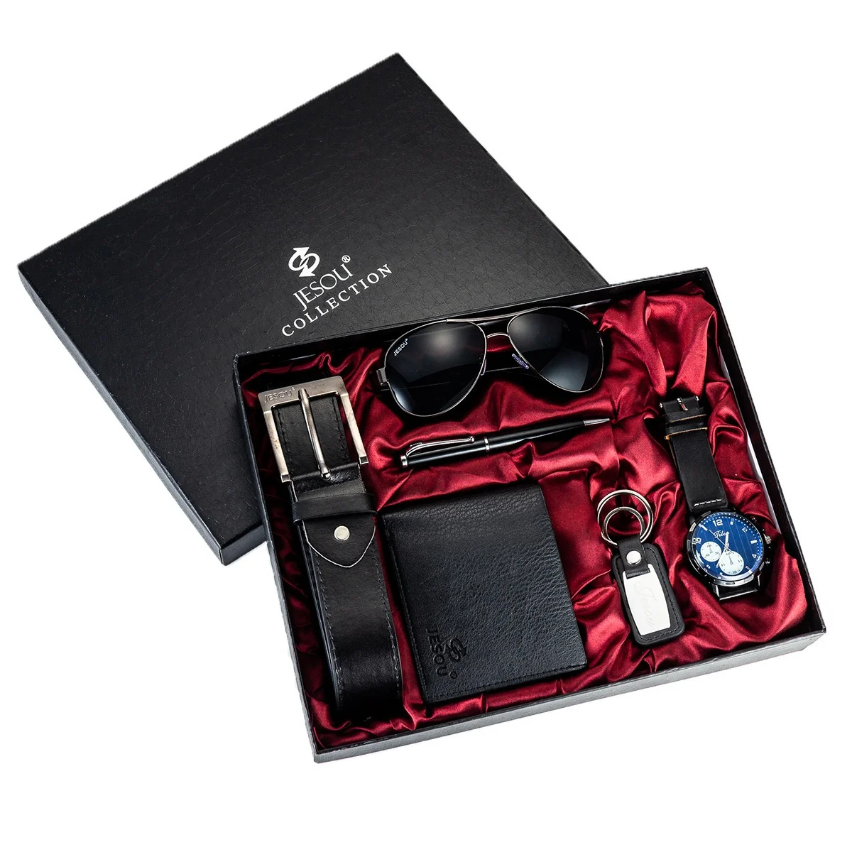

Wholesale Fashion Men Gift Set Luxury Watch And Wallet Sunglasses Pen Belt Keychain 6 Piece Men Watch Set