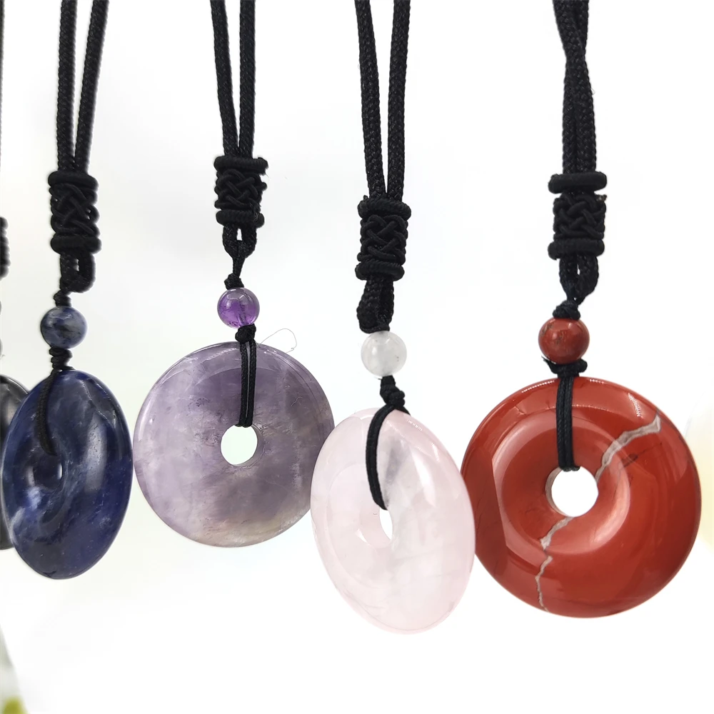 

Handmade Women Jewelry Classic Chinese Style Donut Necklace Natural Stone Charm Amethyst Green Aventurine Pendant Necklace Gifts