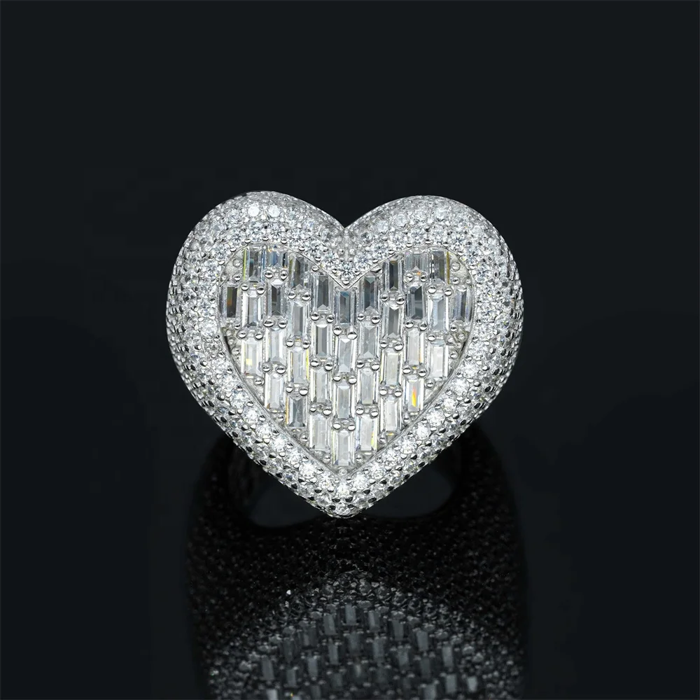 

Custom Iced Out VVS Moissanite Baguette Diamond Hip Hop Heart Ring 925 Silver 10k 14k Real Gold Hiphop Men Jewelry