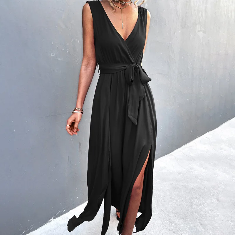 

2022 spring and summer new sexy V-neck cross strap sleeveless slit dress