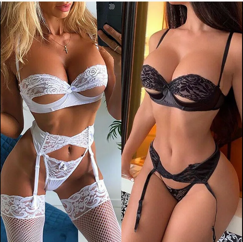 

qzbaoshu hot transparent 3 piece underwear women hollow out 3/4 cup sexy bikini lingerie babydoll japanese lingerie garter set, 2 colors