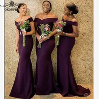 

Sexy Off Shoulder African Bridesmaid Dresses Customize Purple Polyester Satin Long Mermaid Maid Of Honor Dress For Women