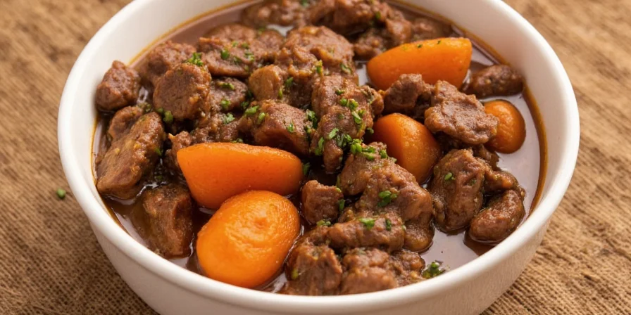 A rustic bowl of beef stew with fresh herbs on top
