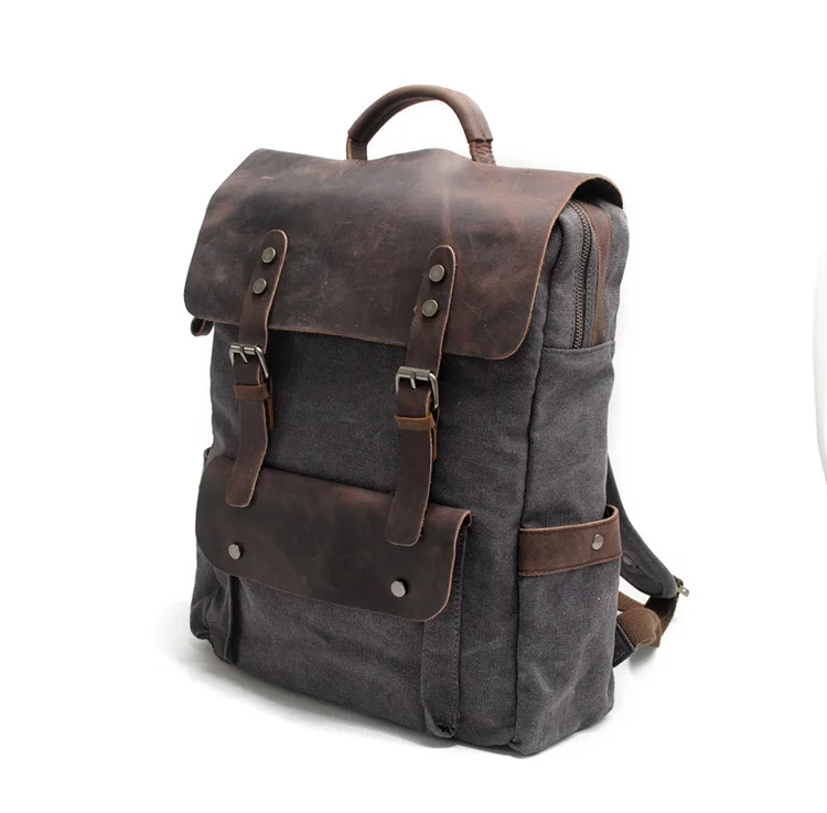 

Retro outdoor hiking canvas backpacks crazy horse leather vintage backpack oil wax waterproof computer schoolbag for men