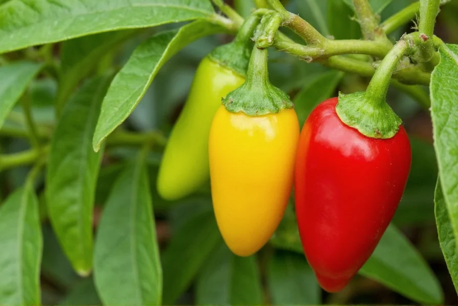 Close-up photograph of wiri peppers on the plant showing green, yellow, and red ripening stages against tropical foliage