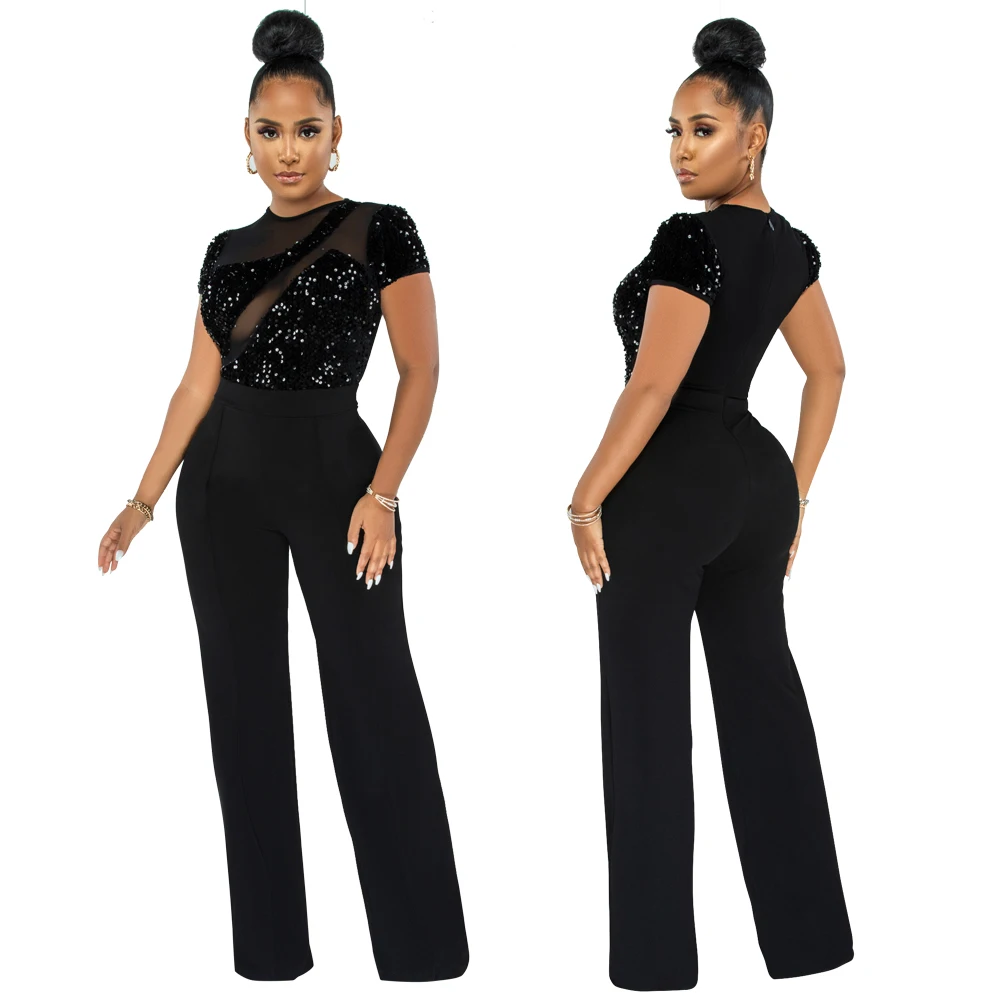 

YQY9366 New Fashion Spring and Autumn Sequin Jumpsuit Perspective Short Sleeve Black One Piece Jumpsuit Women