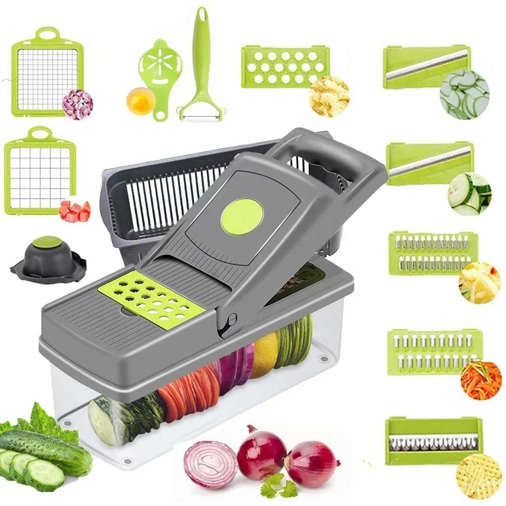 

2022 Multifunctional Kitchen Tools Accessories 14 Pcs Onion Dicer Food Slicer Potatoes Peeler Julienne Cutter Vegetable Chopper, Green and gray