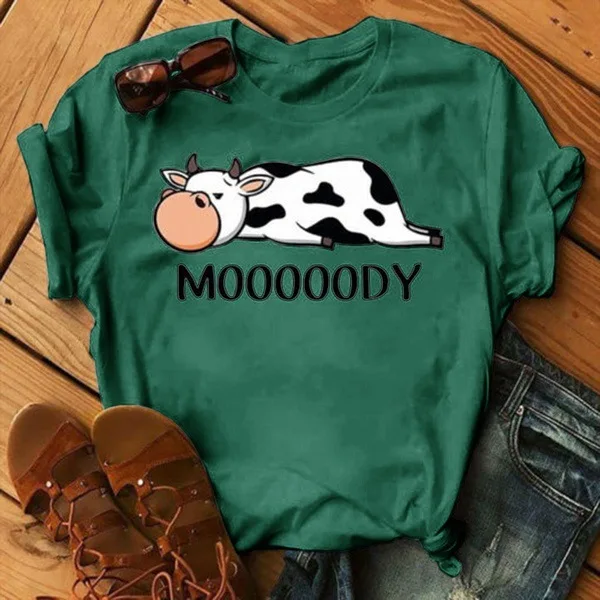 

Multi-color Women's Creative Casual Round Neck Short Sleeve Female Summer Letters Cute Cow Print T-shirt