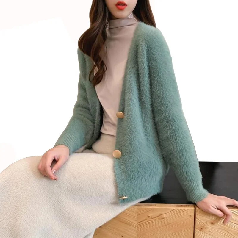 

New Fashion Women's V-neck Cardigan Loose Warm Sweater Coat Solid Color Buttoned Knitwear Women Cardigans