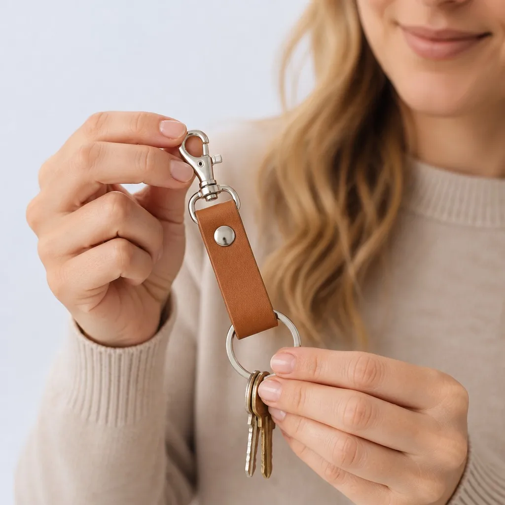 Leather keychain attached to a car remote at the jacket