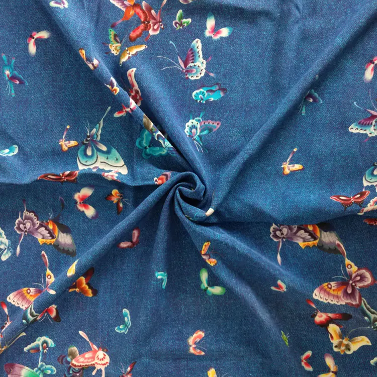 
40MM custom blue butterfly digital printing 95% silk 5% elastic spring heavy crepe de chine fabric 
