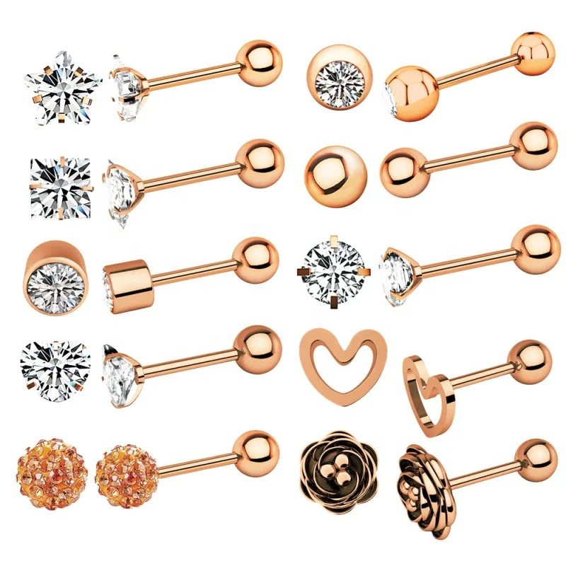 

Stainless Steel Zircon Tongue Stud Sets Geometric Heart Flower Lip Nails Earbone Nails, Rose gold/black/silver