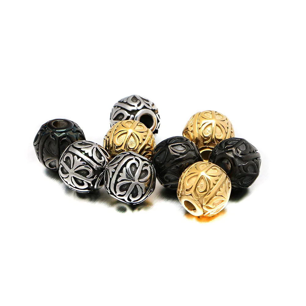 

10mm round ball plated Carving flower stainless steel spacer beads women Charms bracelet for Jewelry Making