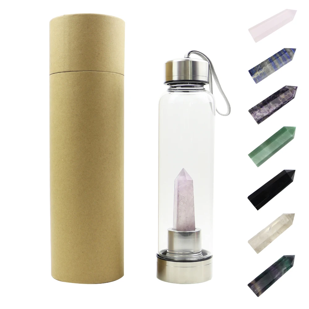 

Unique 550ml Single Wall Custom Logo Glass Water Bottle with 100% Crystal Stones Point Inside