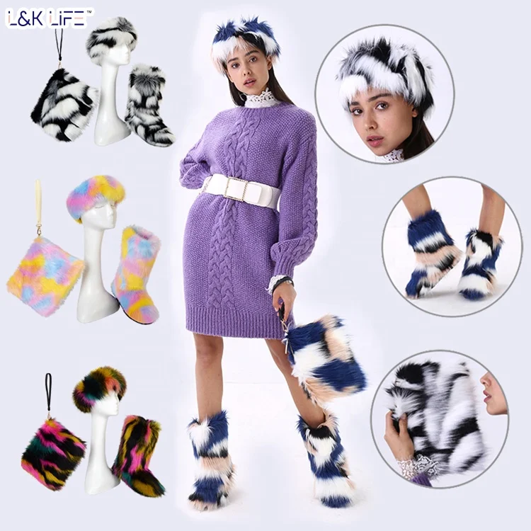 

New arrival hot sale colorful kids thigh high snow winter headband sets faux fox fur warm women snow boots, As picture