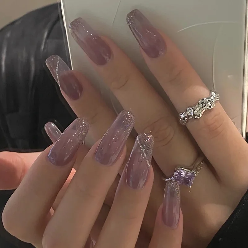 

Extra Long Glitters C Curve Nail Tips Tapered Acrylic Natural Purple Artificial Fingernails, Picture