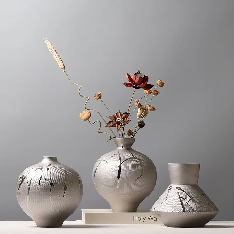 Modern Simple Electroplated Silver Ceramic Tabletop Vase Hotel Model Room Creative Flower Arrangement Soft Decoration Crafts