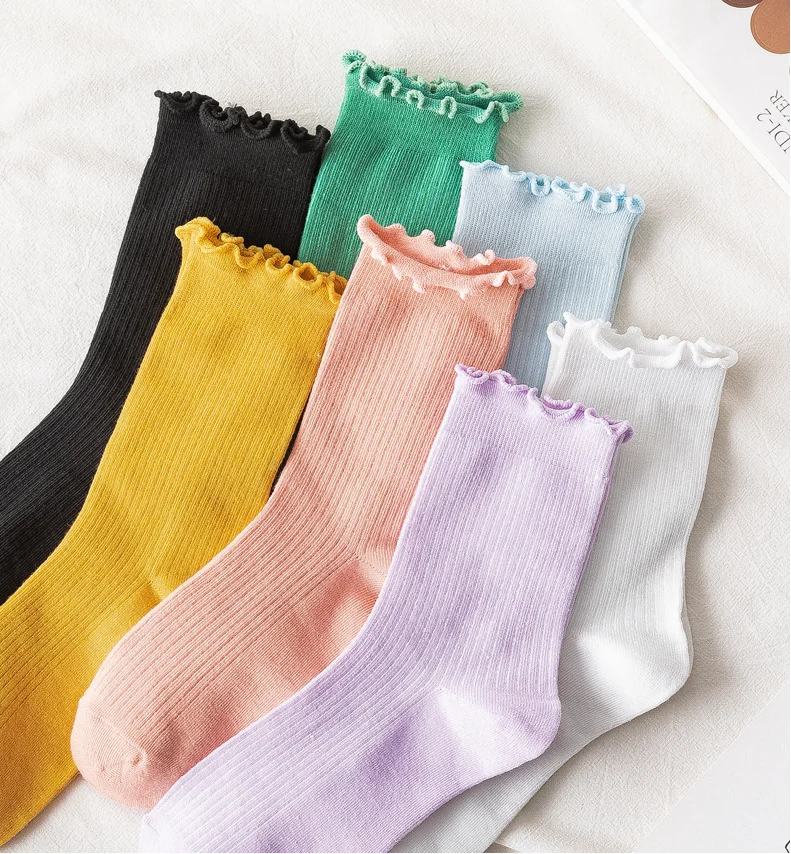 

Women's socks with wooden ears solid color cute pile socks in tube casual cotton socks, Black, green, purple, blue, pink, yellow, white
