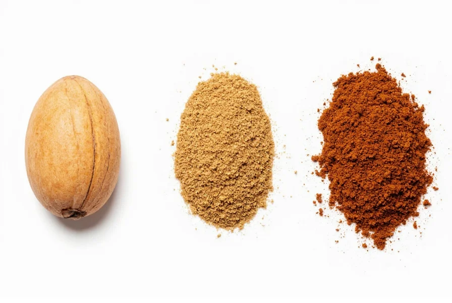 Side-by-side comparison of whole nutmeg, ground nutmeg, and mace showing their distinct color differences