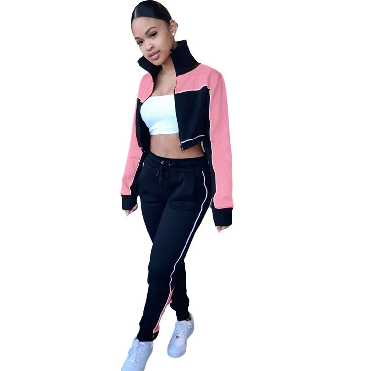 

Crop Tops Patchwork Color Tracksuit Women's Sport Active Wear running GYM Outfits Two Piece Sets sweat Suits Joggers Pant, As picture