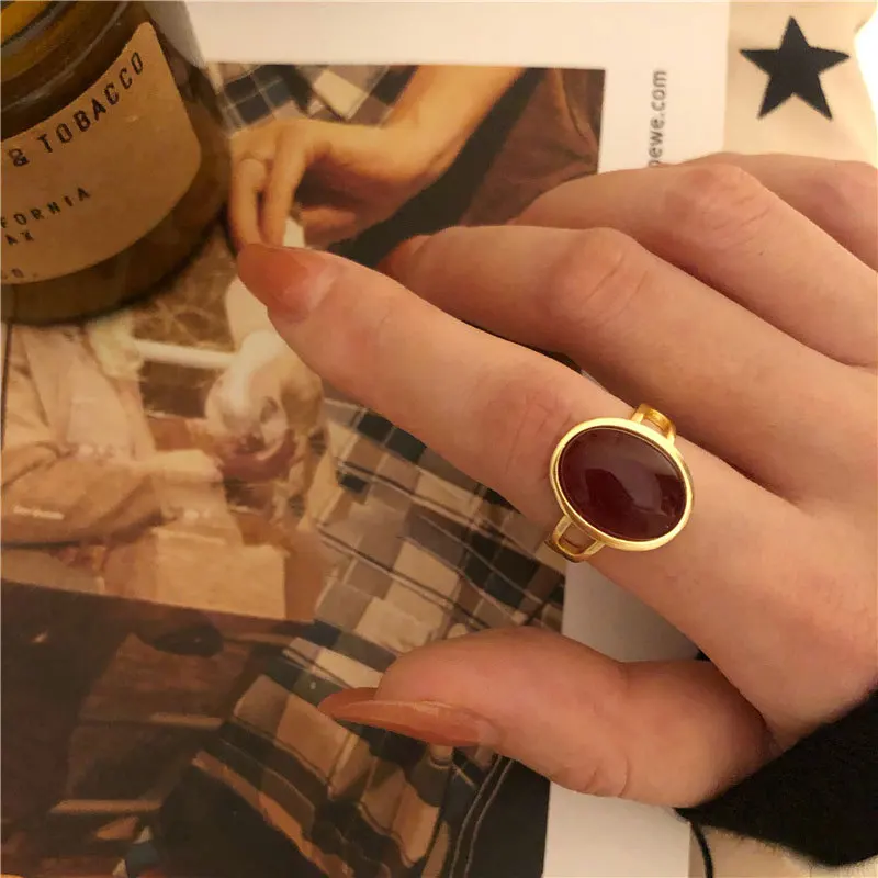 

Luxury Vintage French Style Red Agate Ruby Ring Plated silver Gemstone Opening Finger Ring for Cocktail Party