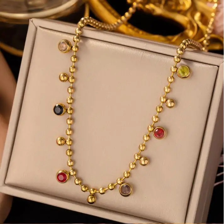 

Stainless Steel Multicolor Crystal Zircon 18K gold Necklace For Women Fashion girls Ball Chain Wedding Party Jewelry Gifts