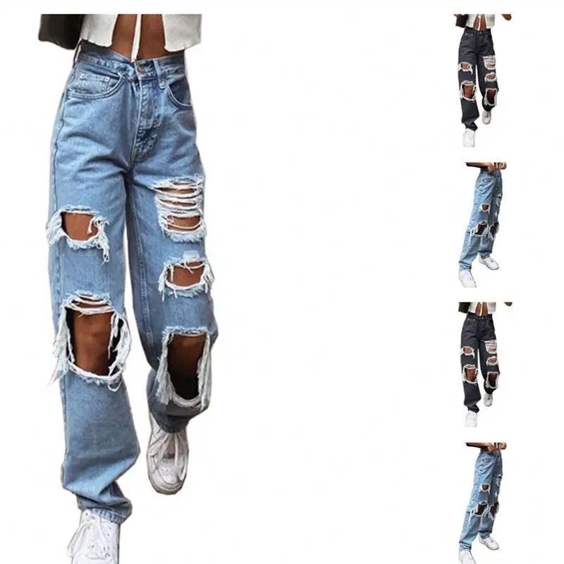 

2021 new Factory Direct Sale Loose Ripped Washed Women's Jeans Ripped Jeans High Waist Jeans, 2 color