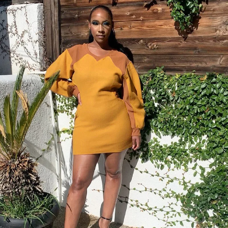 

Factory Hot Sale Fall Winter Clothes Elegant Casual Sexy Color Block Short Hip Women Sweat Dress