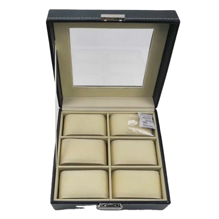 

wholesale luxury 6 slots medium size PU black leather watch storage case box with lock, Customized color