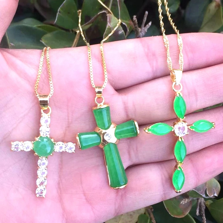 

HOT! jialin jewelry Charms 18k gold plated green jade cross pendants diamond around necklace