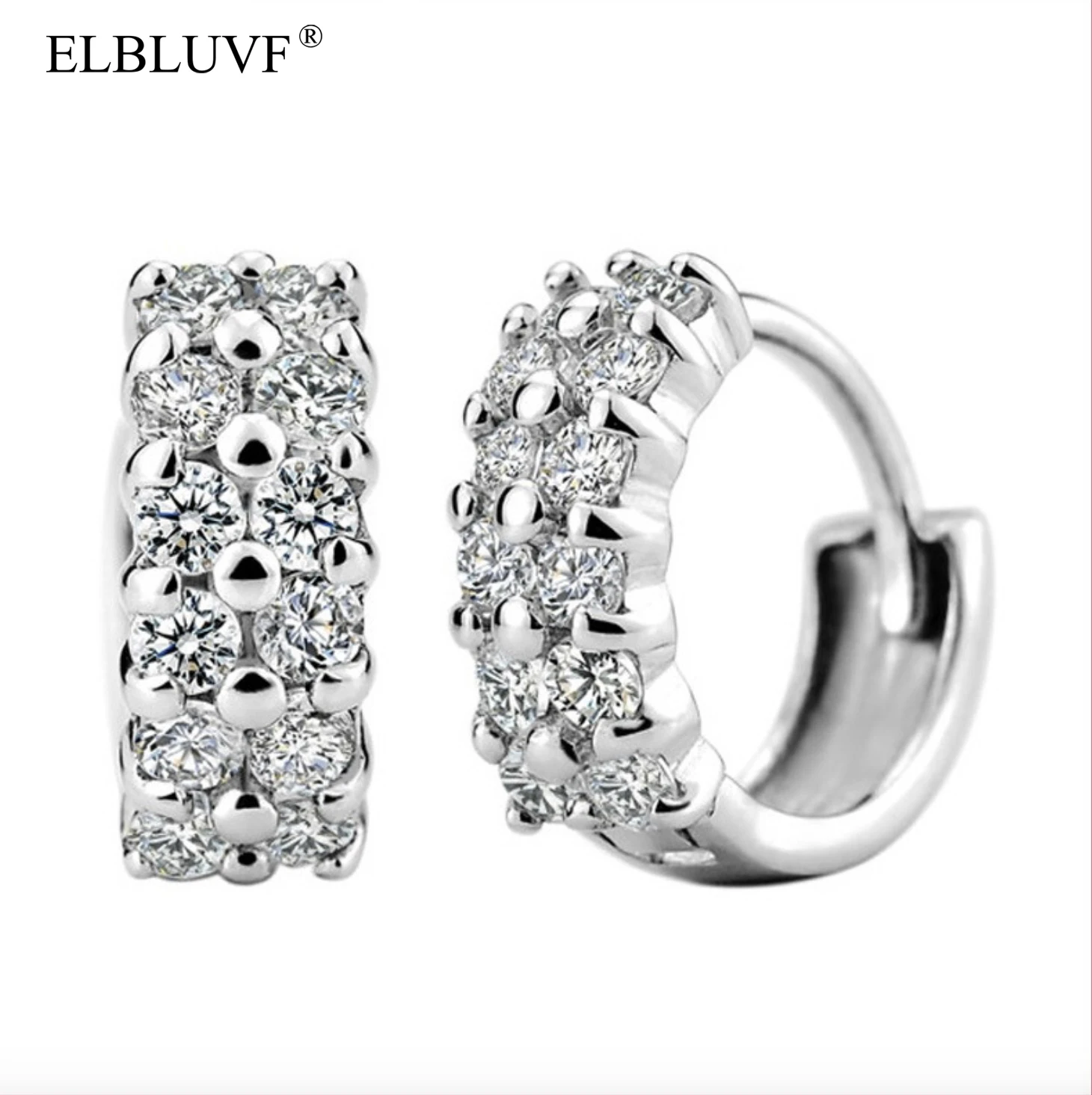

ELBLUVF Free Shipping Women 925 Sterling Silver Plated Alloy Copper Korean Double Micro Pave CZ Huggie Earrings, White gold