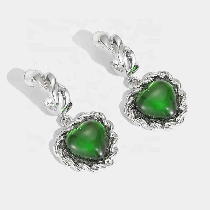 

Personalized Vintage Brass And White Gold Plated Heart Dangling Emerald Earrings, Picture shows