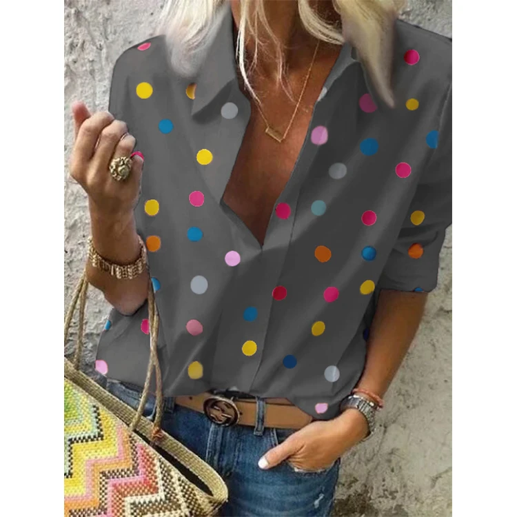 

Women fashion tops gray polka dot shirt spring lady casual style half sleeves lapel T-shirts summer 2021