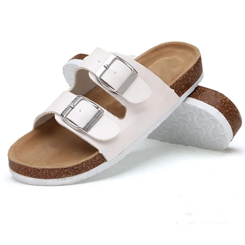 

2021 spring and summer new leather two buckle cork drag soft bottom wear-resistant European and American large size wholesale, Black,white,brown,black color,red color