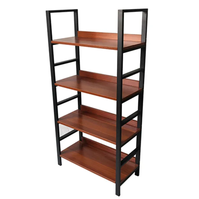 

Simple design adjustable 4-tier wrough iron wooden panel mancraft display book storage rack