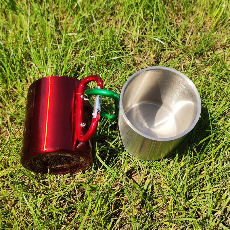

Mikenda Carabiner handle 300ml Silver Color Stainless Steel Mug, Black, white, green and custom color