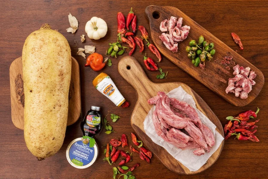 Caribbean pepper pot ingredients including cassava, various meats, and hot peppers arranged on a wooden table