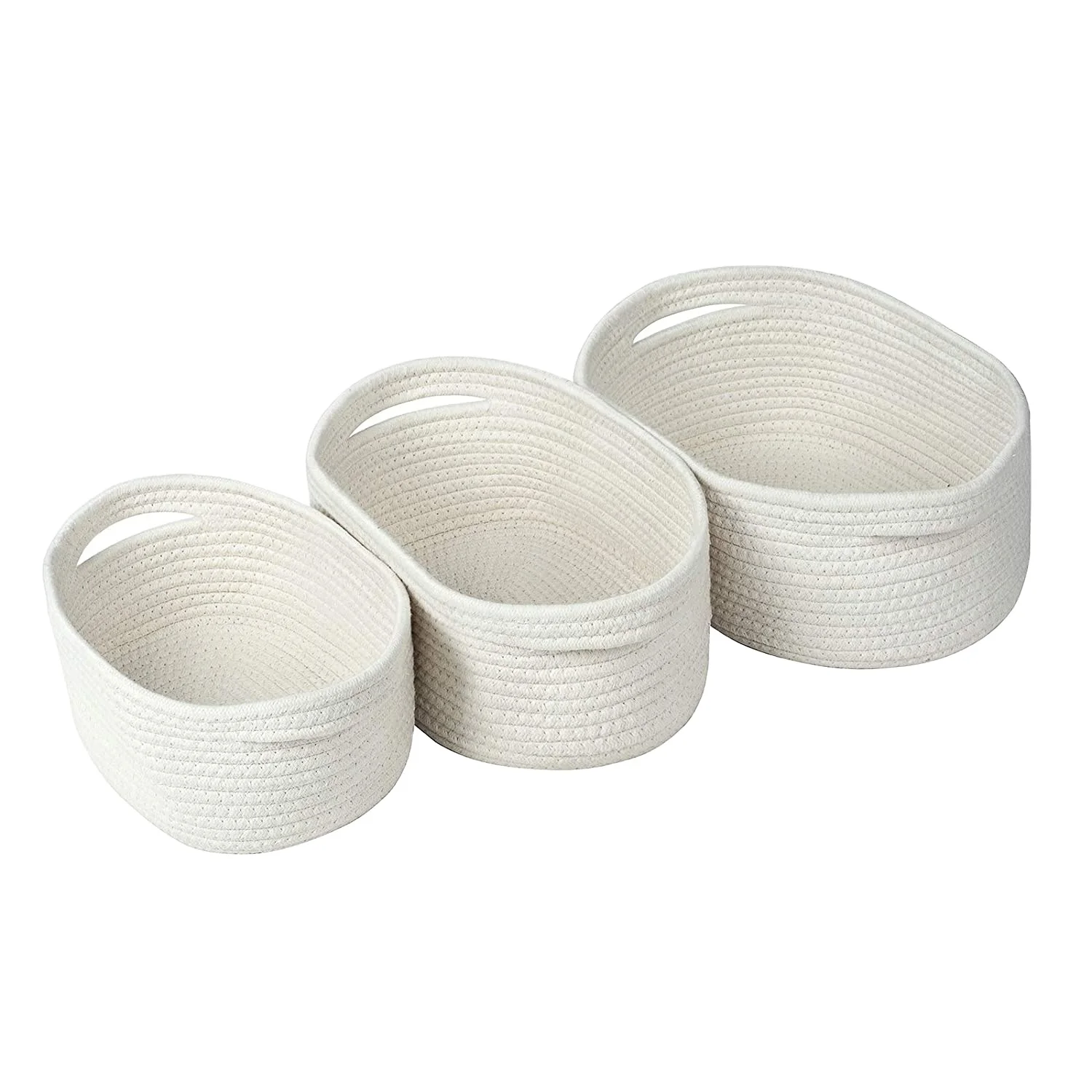 

White Storage Basket Set of 3 Soft Woven Cotton Rope Shelf Baskets with Handles Organizer Basket Sets for Laundry Toys Books