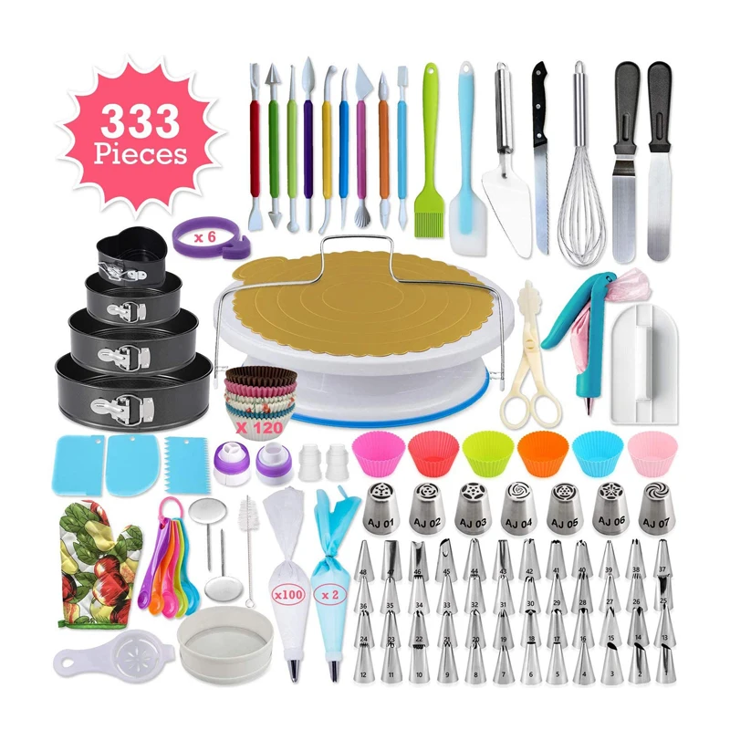 

DUMO 333Pcs Kitchen Utensil Set Stainless Steel Nozzles rotating stand turntable Cake Tools Decorating Supplies Kit Set