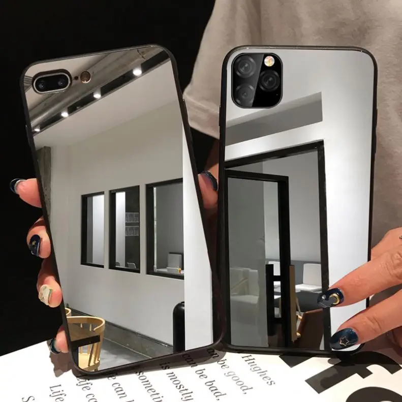 

TPU PC for iPhone 13 mini 13 pro max 7 8 Plus X XR XS Max Case Make Up With Mirror Cover for iPhone 12 Pro Mirror Phone Case, Black