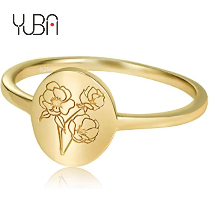 

Simple Handmade Golden Flower Signet Plant Carved Jewelry Ring for Women