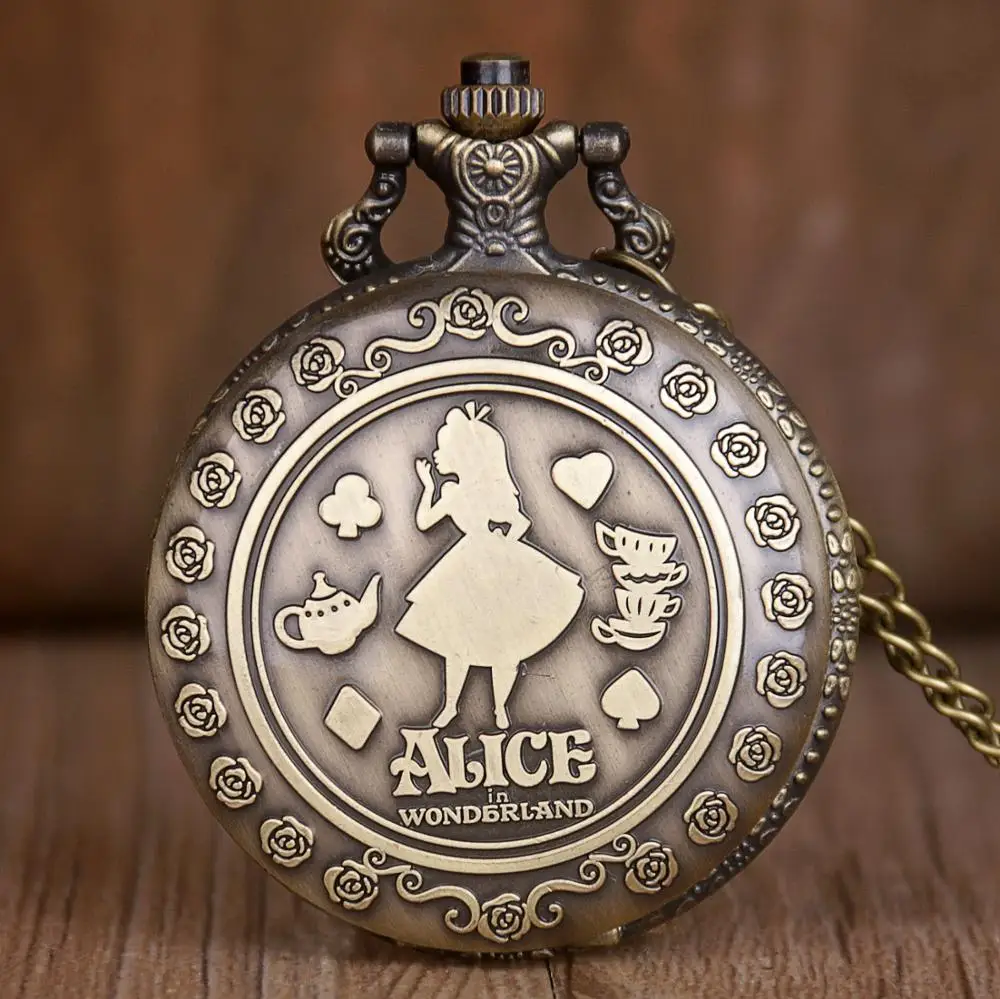 

Vintage Cute Alice in Wonderland Rabbit Flower Pocket Watch Bronze Necklace Pendant Theme Quartz Pocket Watch (KWT2206), As the picture