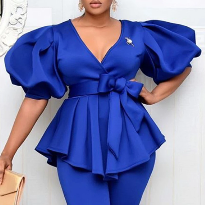 

2021 New Elegant Sexy Blue V Neck Puff Sleeves Sashes Women Blouse, Blue black