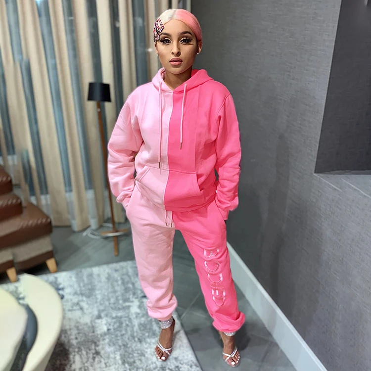 

2021 Sporty Color Block Letter Hoodie Pink Fall Clothing Jogger Sweat Pants Tracksuits 2 pc Women Winter Two Piece Sweatsuit Set, Pink,purple,gray,fluorescent green,blue