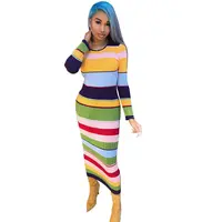 

Autumn Dresses Women Lady Long Skirt Clothes Women Colorful Striped Maxi Dresses Women