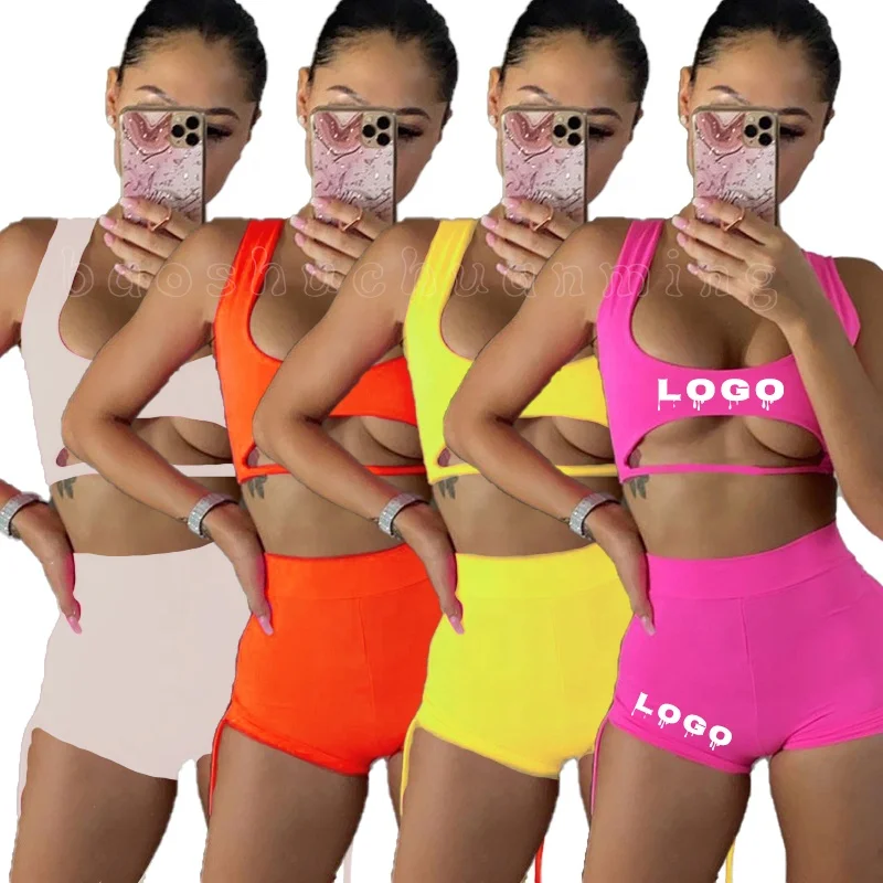 

2022 women 2 piece summer sets leak navel vest Sleeveless Tank Top Bandage Shorts Hollow Solid Color Out Drawstring Lace Up, White,yellow,rose red,orange